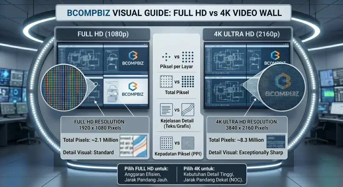 Panduan edukasi perbedaan output resolusi full HD ditarik melar (stretching) melawan true 4K pixel mapping pada instalasi videowall komersial Bcompbiz