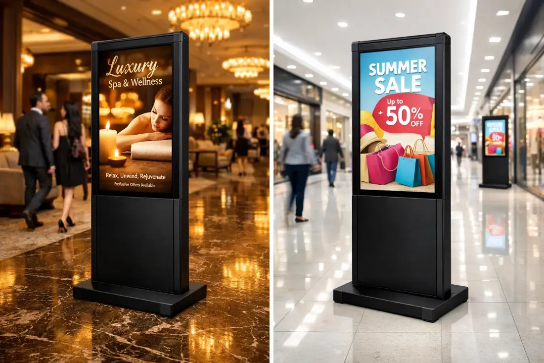 Edukasi kelebihan floor standing digital signage layar vertikal portrait anti vandal untuk promosi lobi hotel dan mall dari Bcompbiz