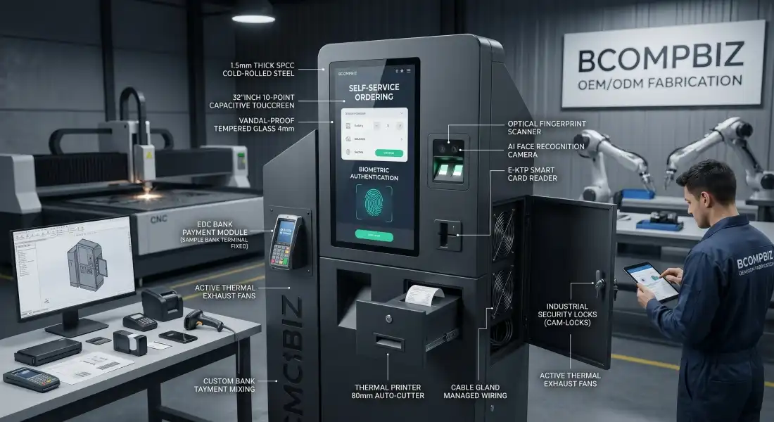 Proses desain 3D CAD dan perakitan Kiosk Custom Industrial dari baja SPCC oleh teknisi manufaktur BCOMPBIZ