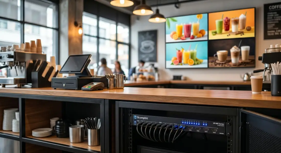 Hardware video matrix splicer skala kecil entry level untuk gabungan videowall 2x2 di cafe dan retail tanpa lag dari Bcompbiz