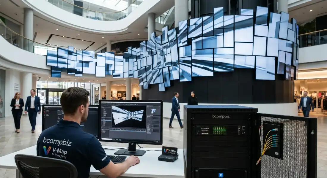 Edukasi fungsi video matrix splicer hardware FPGA dan software mapping untuk membelah layar videowall 4K command center tanpa lag dari Bcompbiz