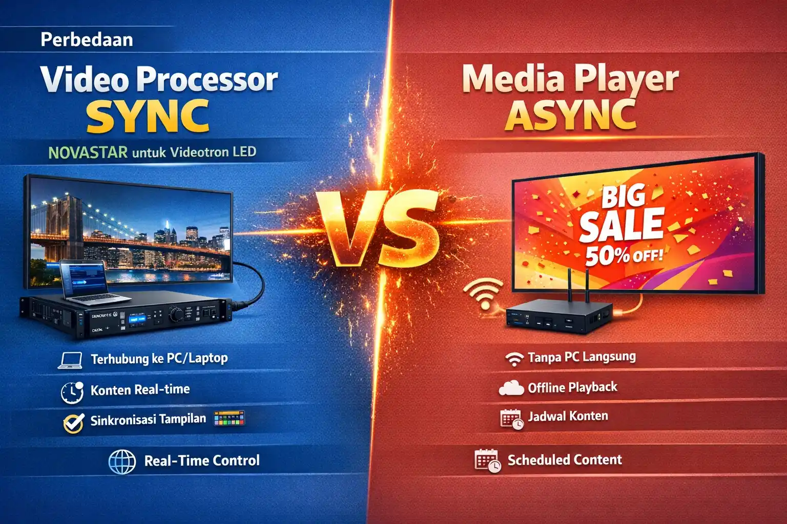 Edukasi perbedaan fungsi video processor tipe sinkron dengan media player tipe asinkron untuk layar LED Videotron Bcompbiz