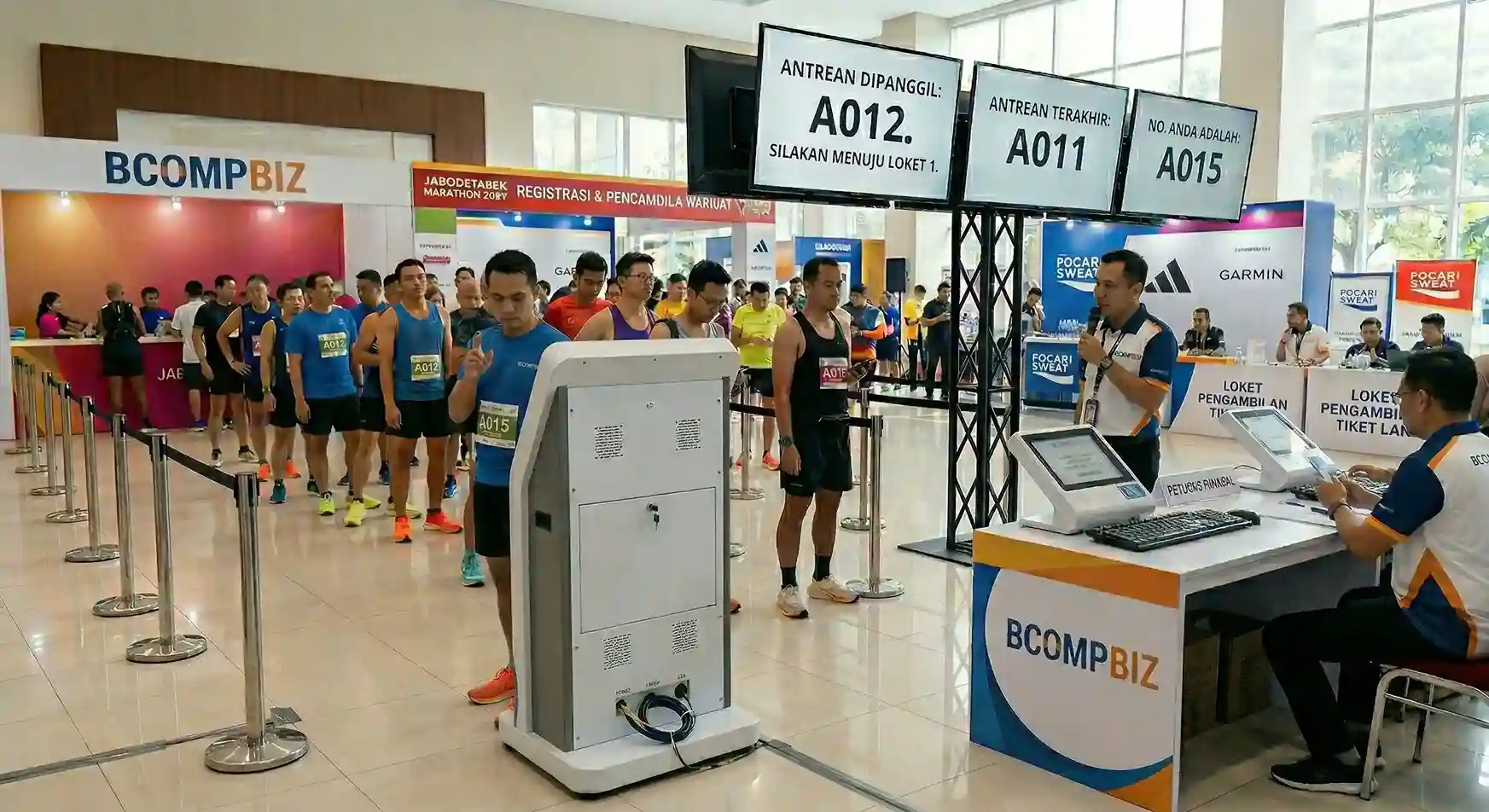 Layanan rental jasa sewa mesin antrian digital kiosk layar sentuh untuk acara event job fair dan pameran medis dari Bcompbiz