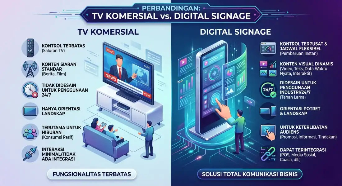 Edukasi perbedaan bahaya smart tv rumahan yang dipakai untuk bisnis dan kelebihan digital signage komersial 24/7 dari Bcompbiz