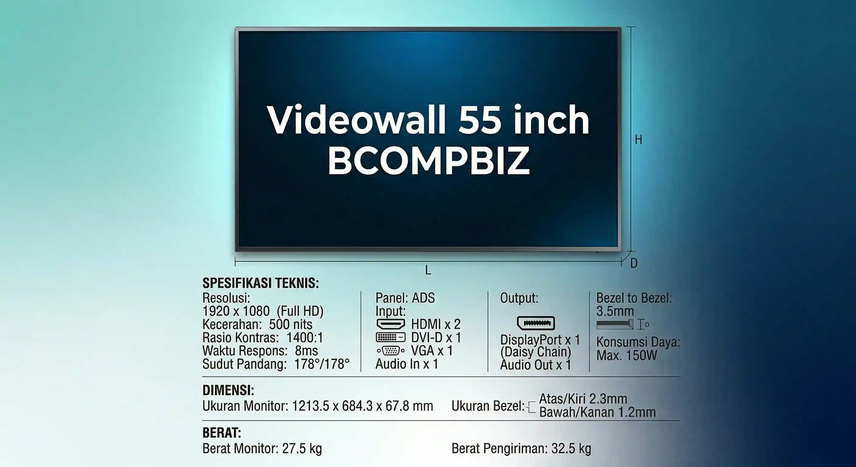 Pusat distribusi panel videowall 55 inch dengan ultra narrow bezel 0.88mm untuk susunan 4K display command center dari Bcompbiz