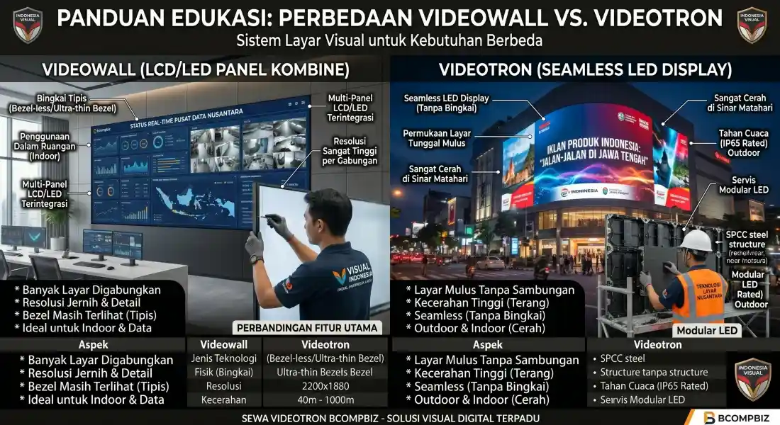 Panduan komparasi perbedaan layar LCD videowall 4K dengan LED videotron untuk command center dan reklame Bcompbiz
